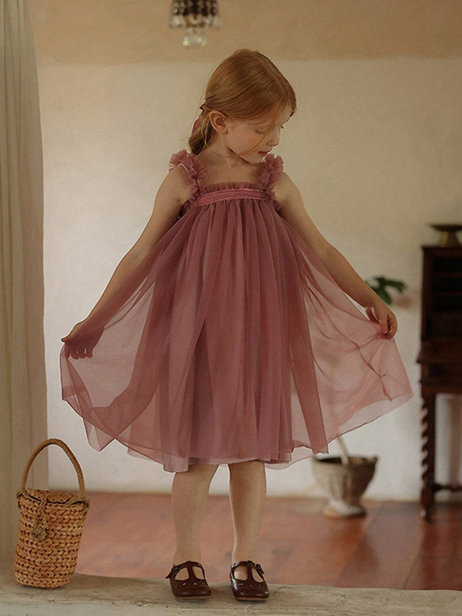 Girls Solid Mesh Ruffled Sleeveless Dress