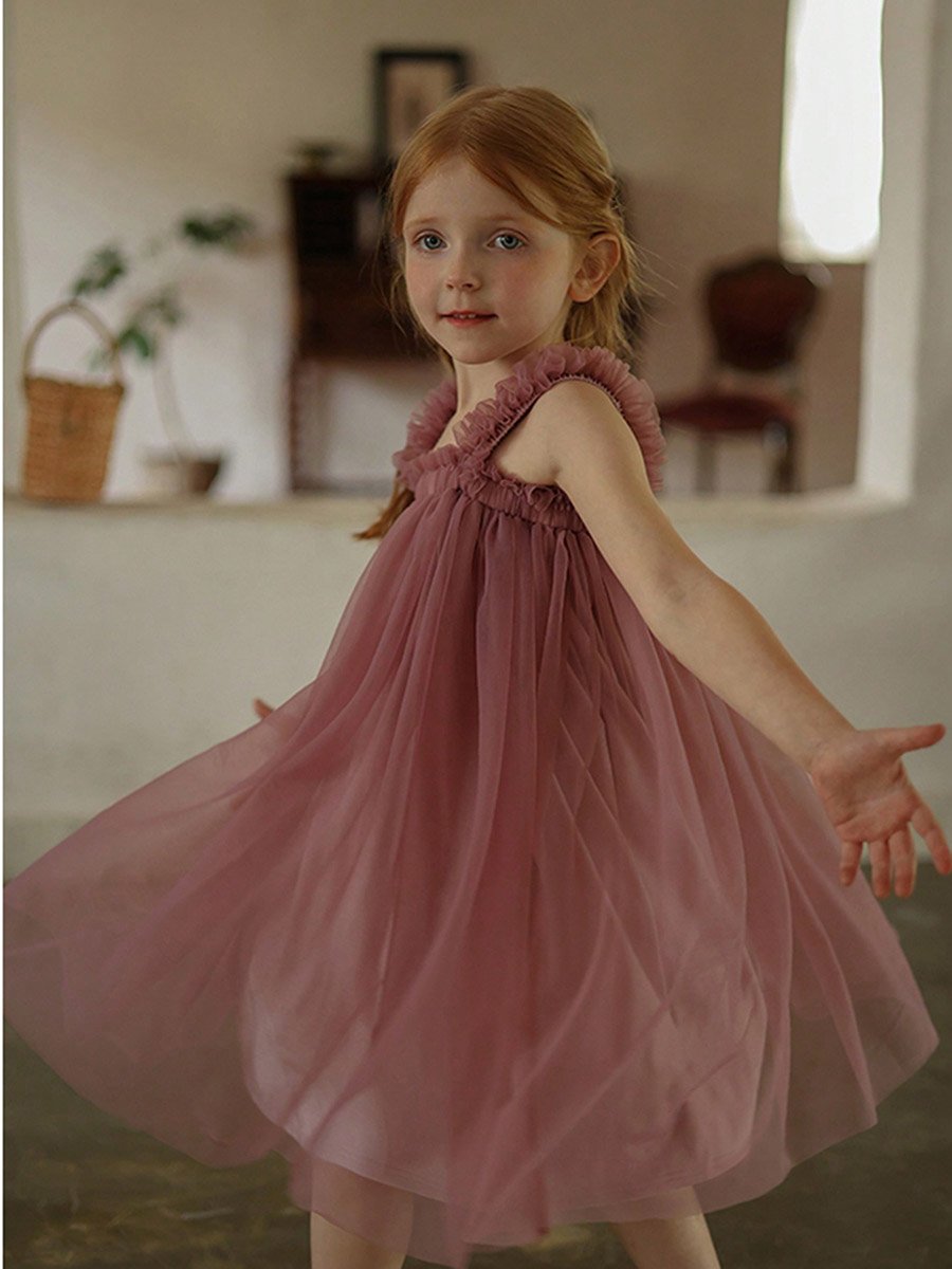 Girls Solid Mesh Ruffled Sleeveless Dress