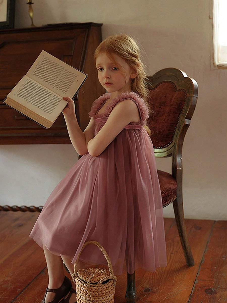 Girls Solid Mesh Ruffled Sleeveless Dress