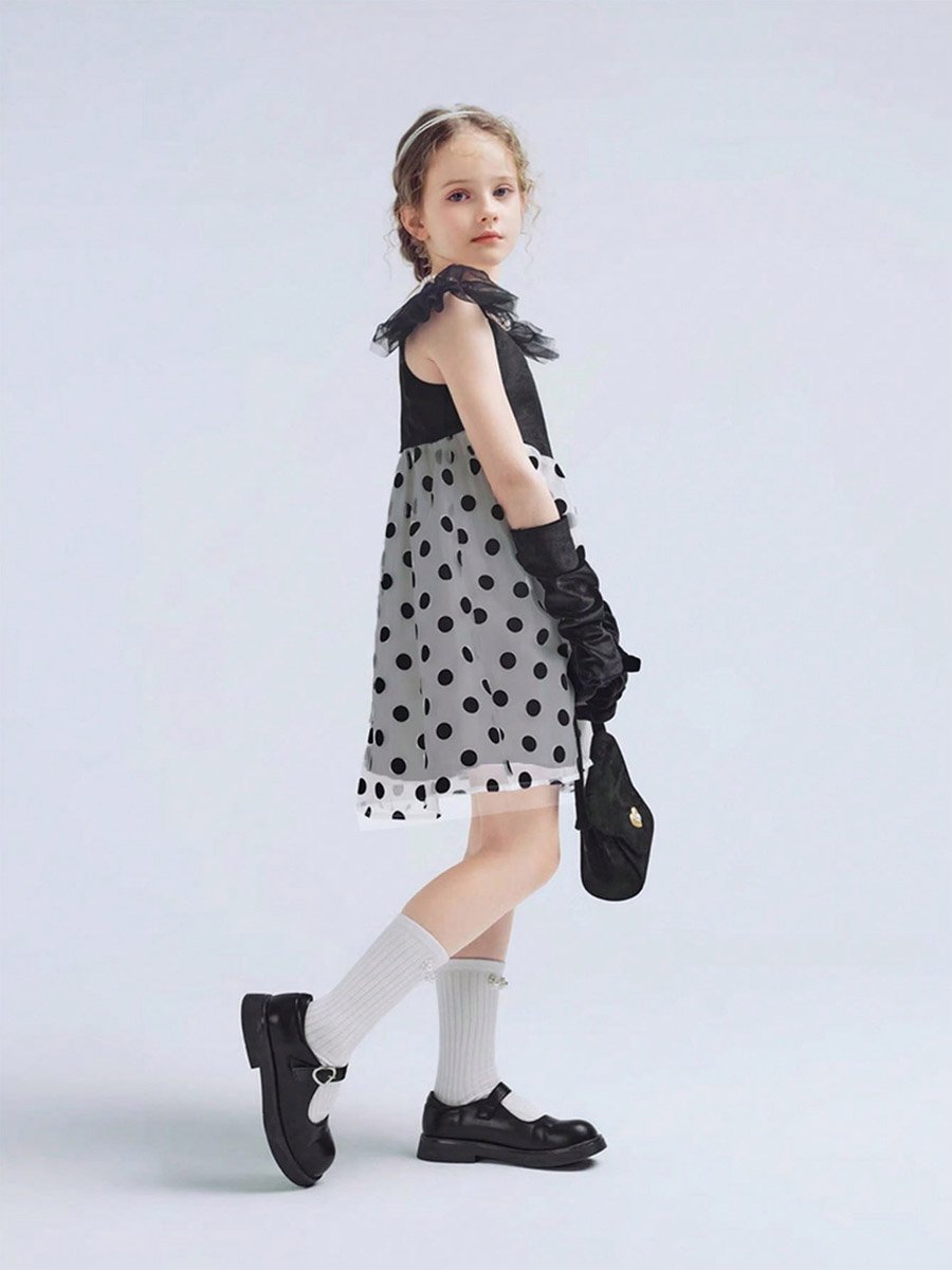 Girls Polka Dot Ruffled Mesh Dress