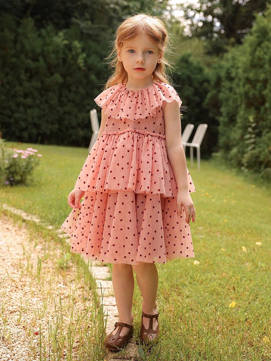 Girls Heart Print Ruffled Sleeveless Dress