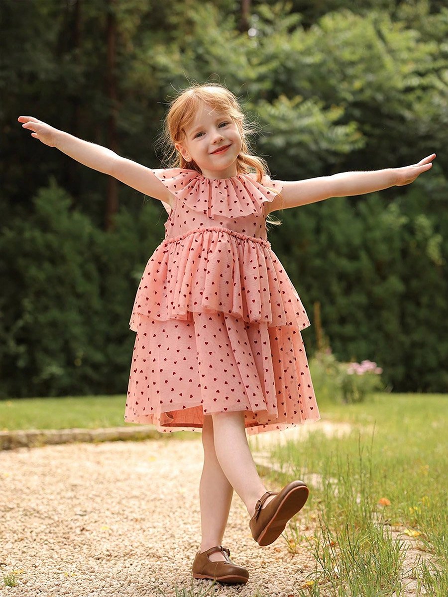 Girls Heart Print Ruffled Sleeveless Dress