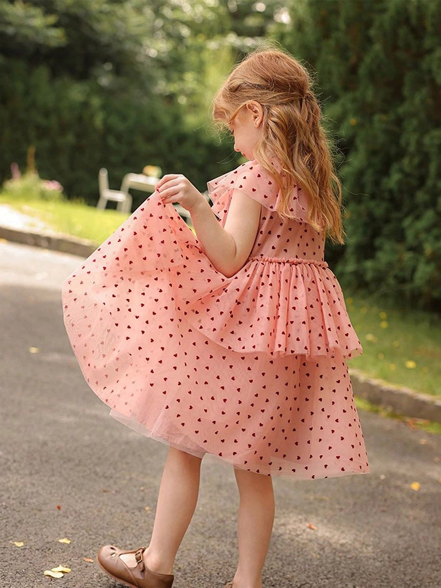 Girls Heart Print Ruffled Sleeveless Dress