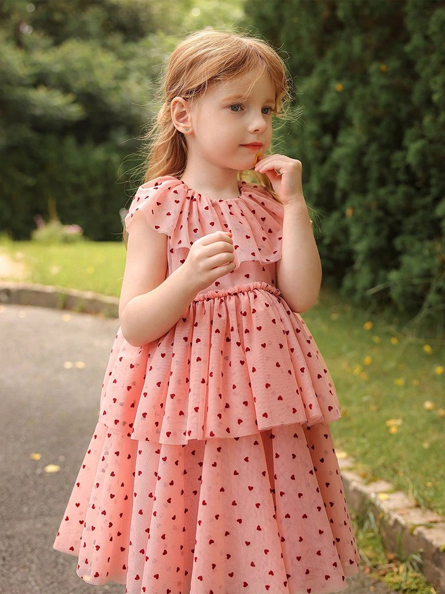 Girls Heart Print Ruffled Sleeveless Dress