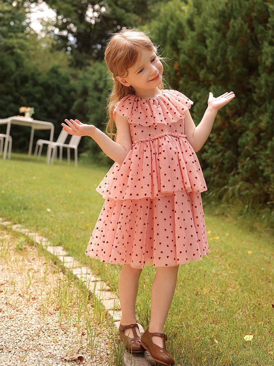 Girls Heart Print Ruffled Sleeveless Dress