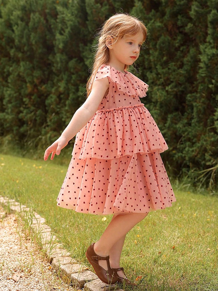 Girls Heart Print Ruffled Sleeveless Dress