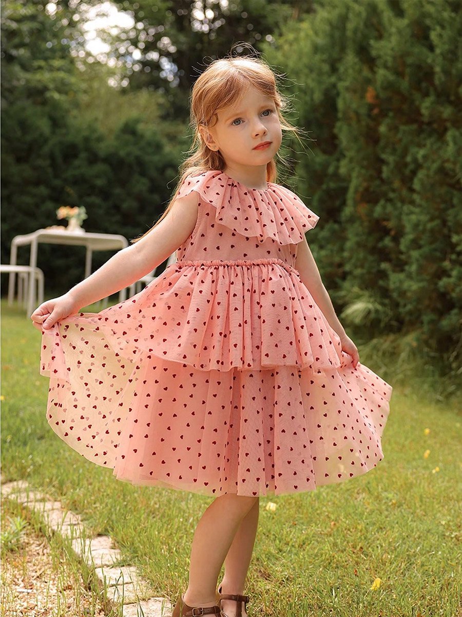 Girls Heart Print Ruffled Sleeveless Dress