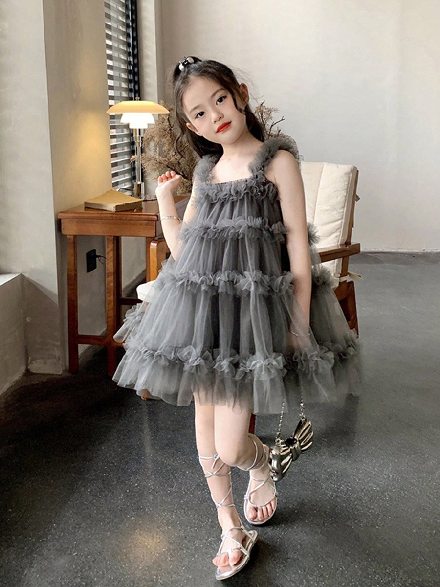 Girls Ruffled Mesh Sleeveless Tiered Dress