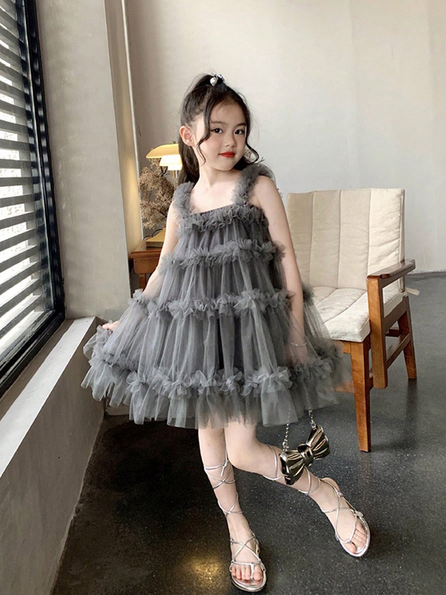 Girls Ruffled Mesh Sleeveless Tiered Dress