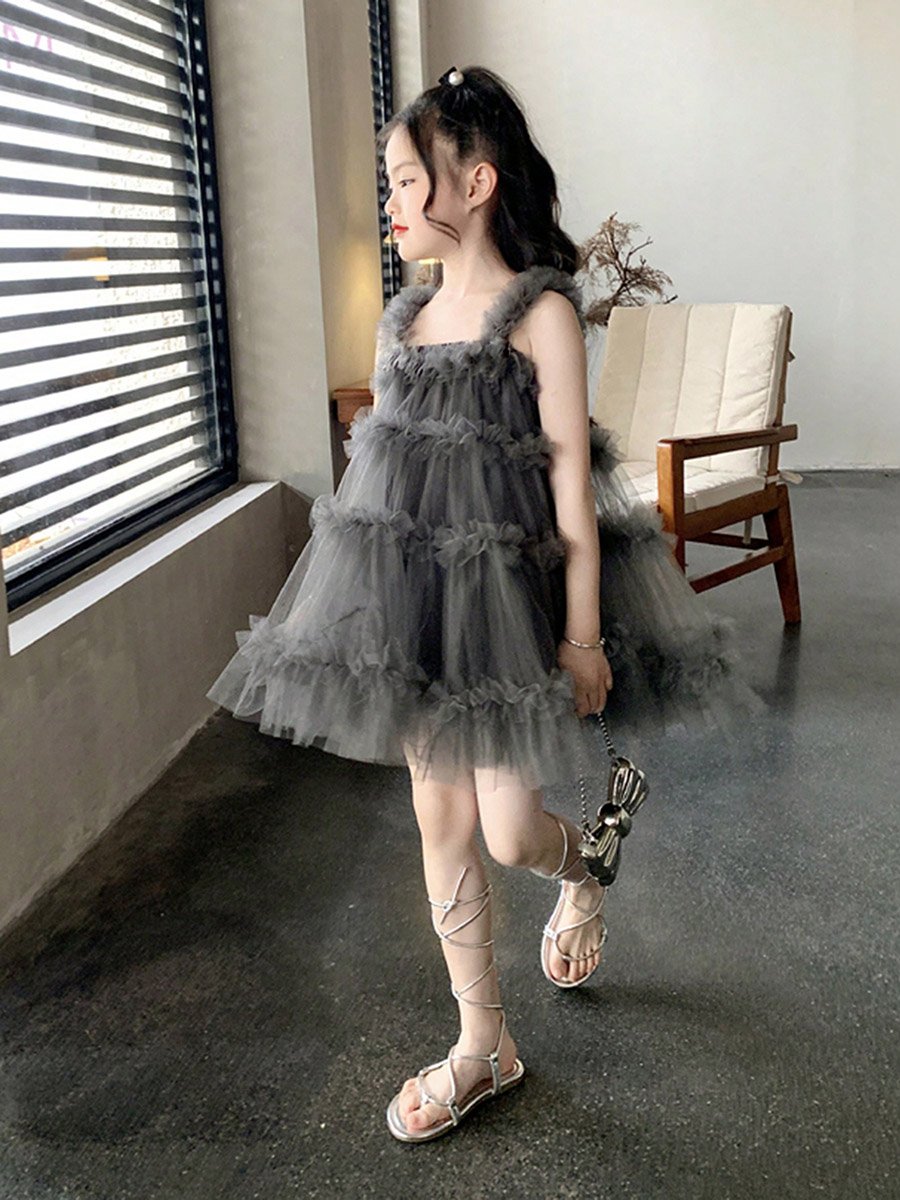 Girls Ruffled Mesh Sleeveless Tiered Dress