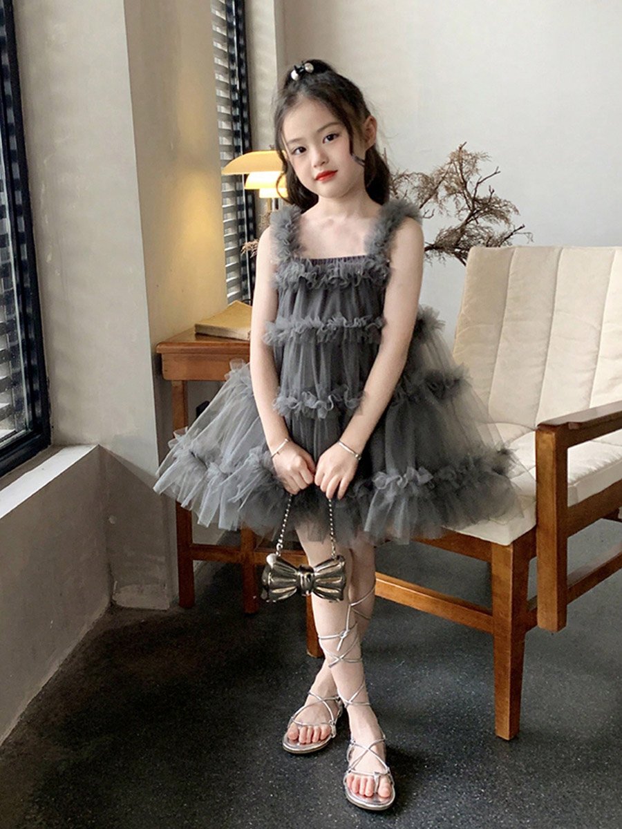 Girls Ruffled Mesh Sleeveless Tiered Dress