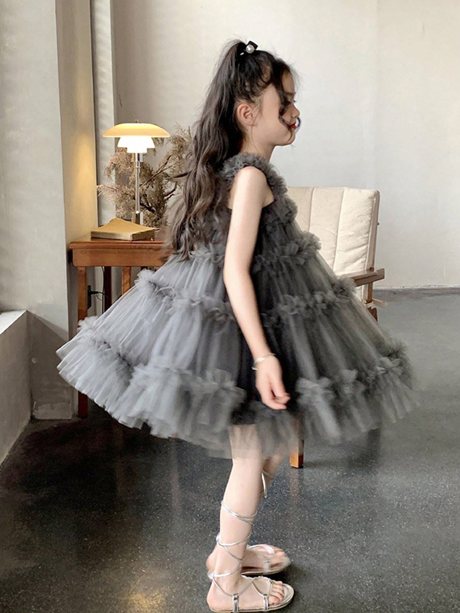 Girls Ruffled Mesh Sleeveless Tiered Dress