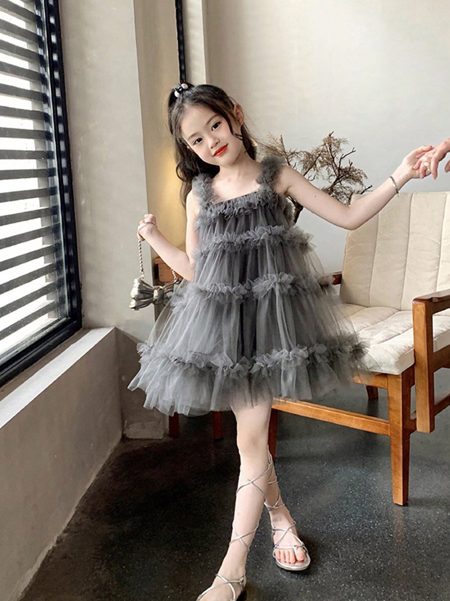 Girls Ruffled Mesh Sleeveless Tiered Dress