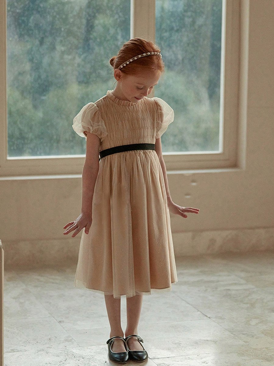 Girls Solid Puff Sleeve Smocked Dress