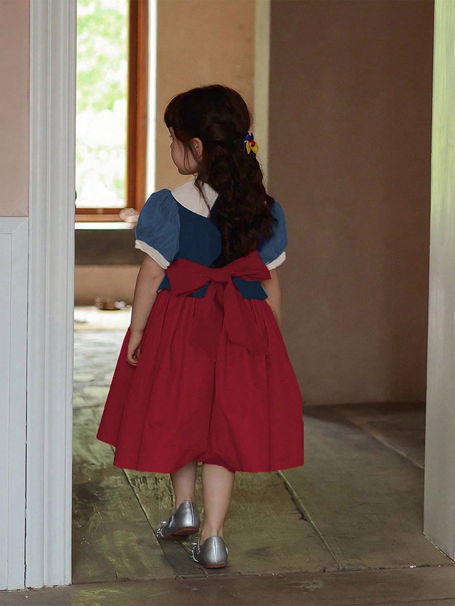 Girls Color Block Puff Sleeve Dress
