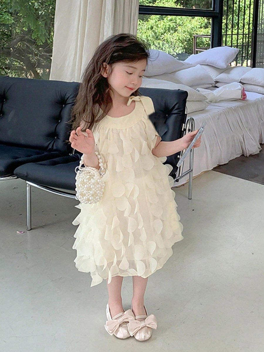Girls Solid Sleeveless 3D Detail Dress