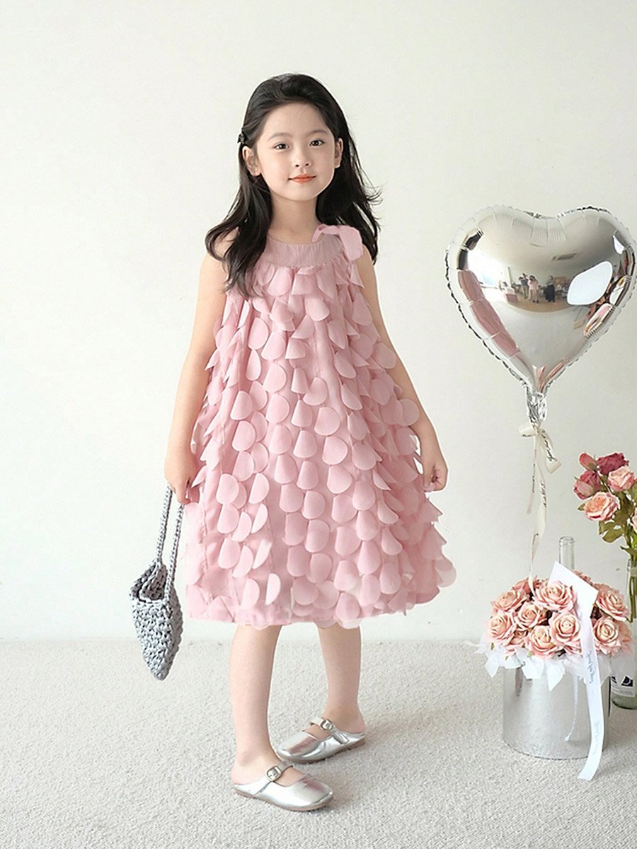 Girls Solid Sleeveless Floral 3D Detail Dress