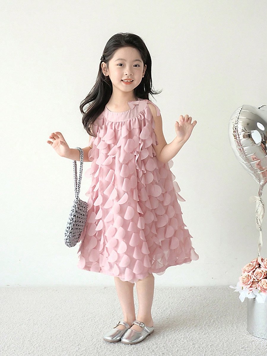 Girls Solid Sleeveless Floral 3D Detail Dress