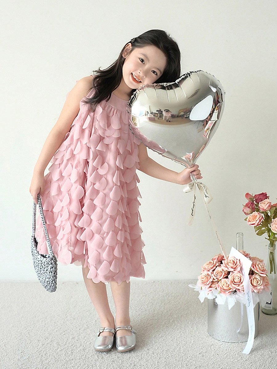 Girls Solid Sleeveless Floral 3D Detail Dress