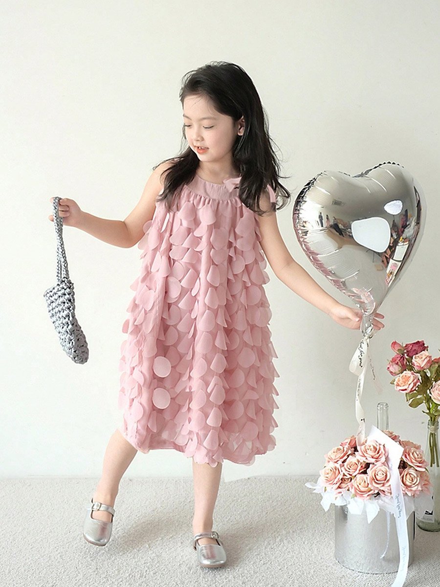 Girls Solid Sleeveless Floral 3D Detail Dress