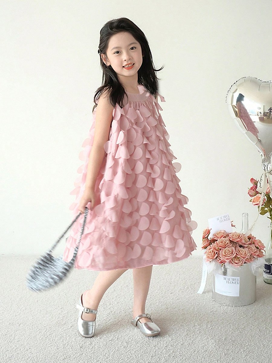Girls Solid Sleeveless Floral 3D Detail Dress