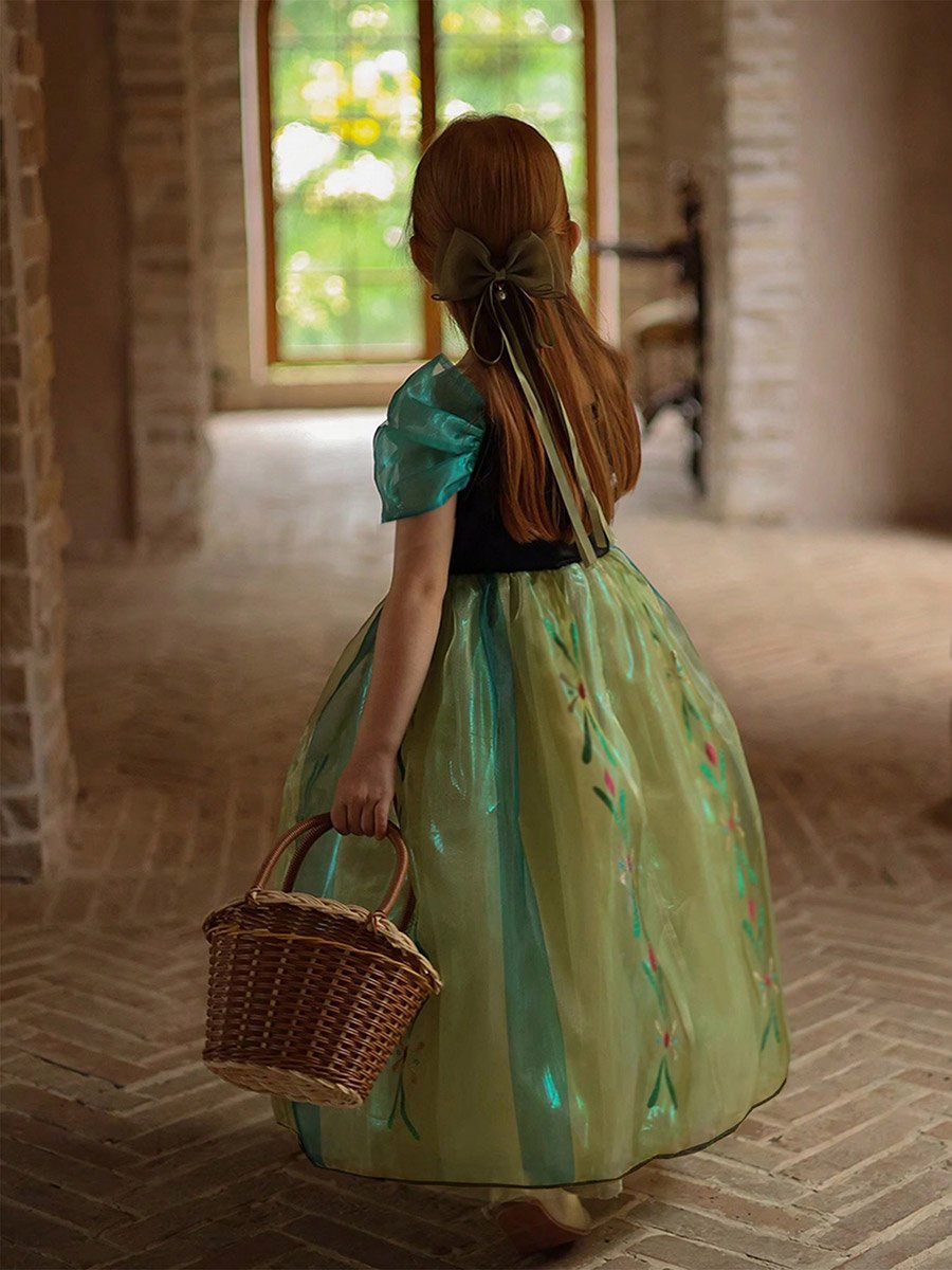 Girls Printed Square Neck Puff Sleeve Dress