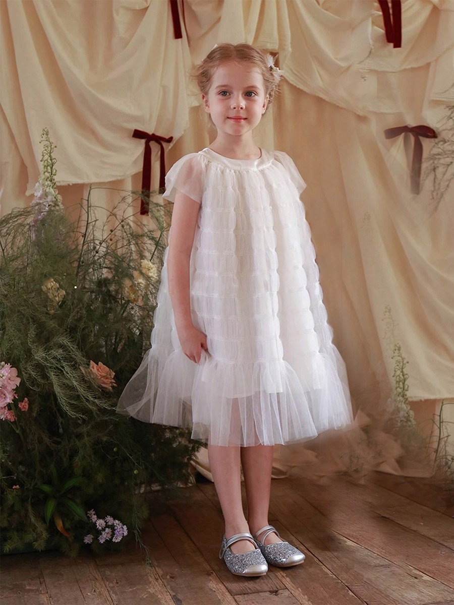Girls Solid Mesh Frill Sleeve Dress
