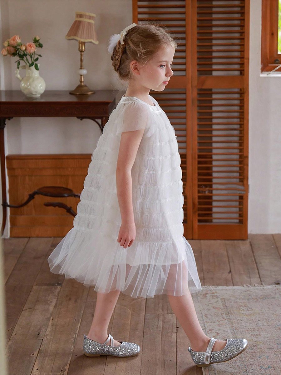 Girls Solid Mesh Frill Sleeve Dress