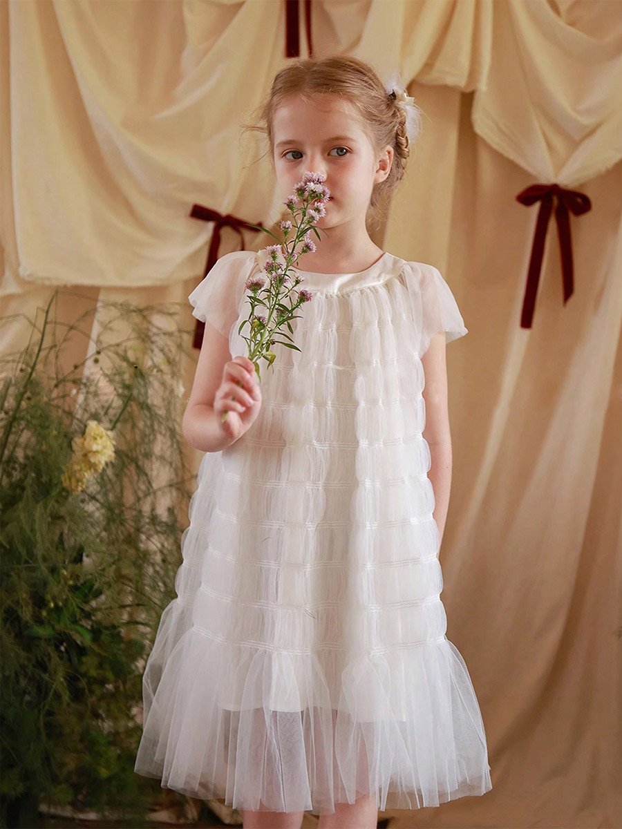 Girls Solid Mesh Frill Sleeve Dress