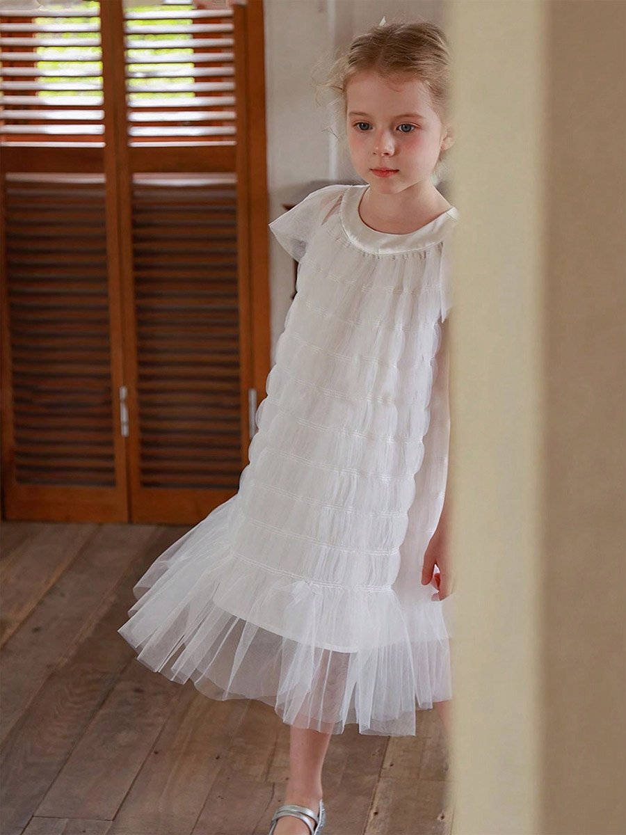 Girls Solid Mesh Frill Sleeve Dress