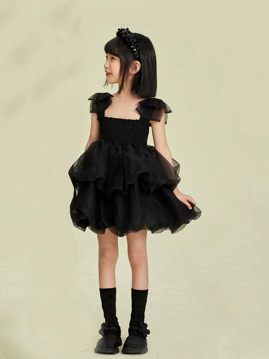 Girls Solid Square Neck Ruffled Mesh Dress