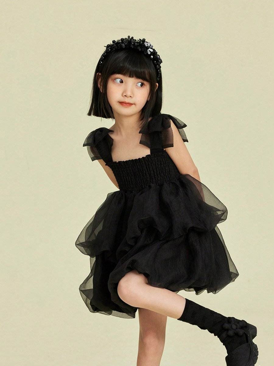 Girls Solid Square Neck Ruffled Mesh Dress