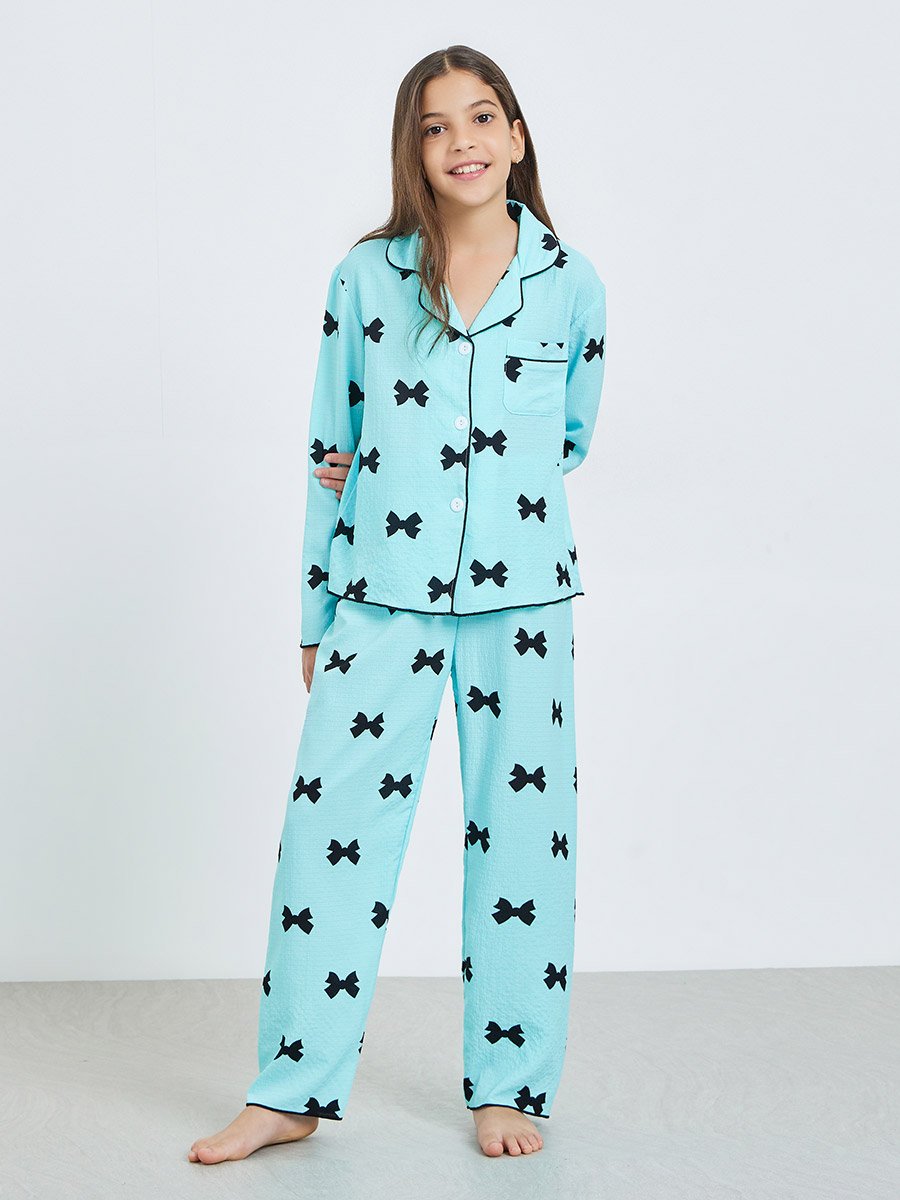 Teen Girls Bow Print Shirt and Pyjama Set