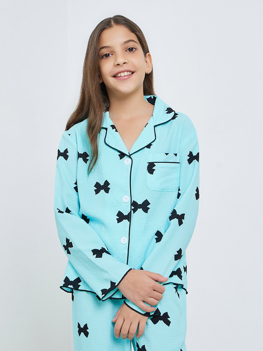 Teen Girls Bow Print Shirt and Pyjama Set