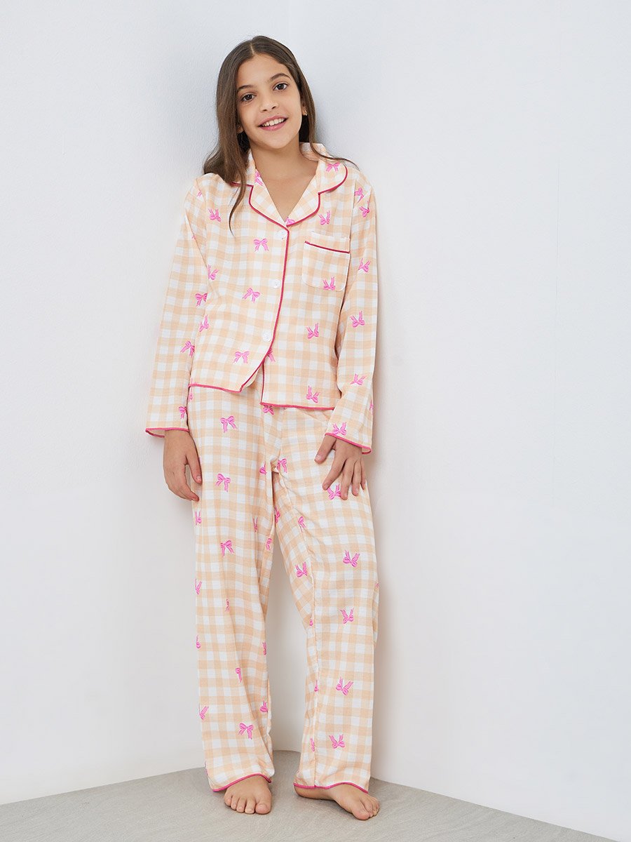Teen Girls Bow Print Checked Shirt and Pyjama Set
