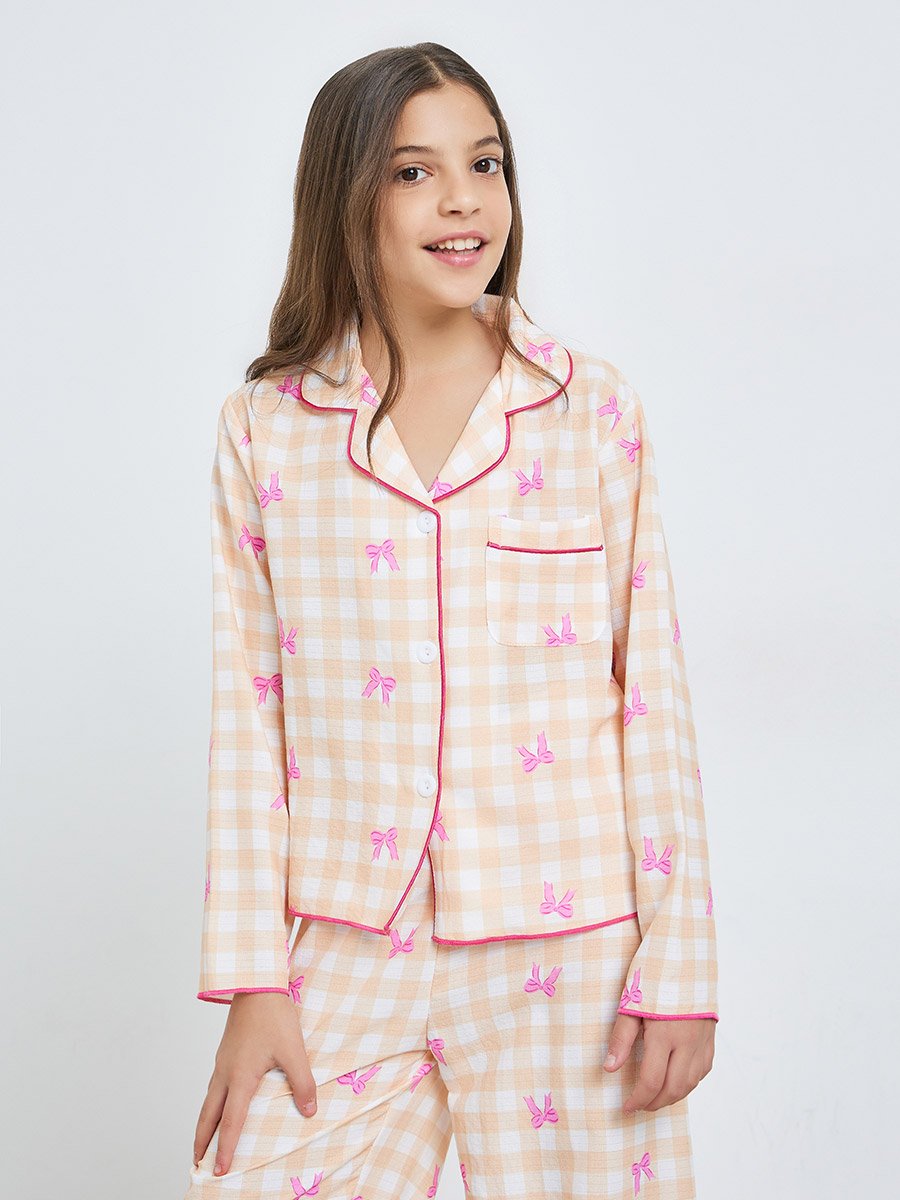 Teen Girls Bow Print Checked Shirt and Pyjama Set