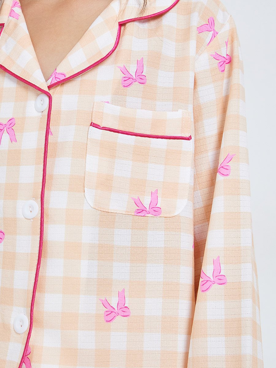Teen Girls Bow Print Checked Shirt and Pyjama Set