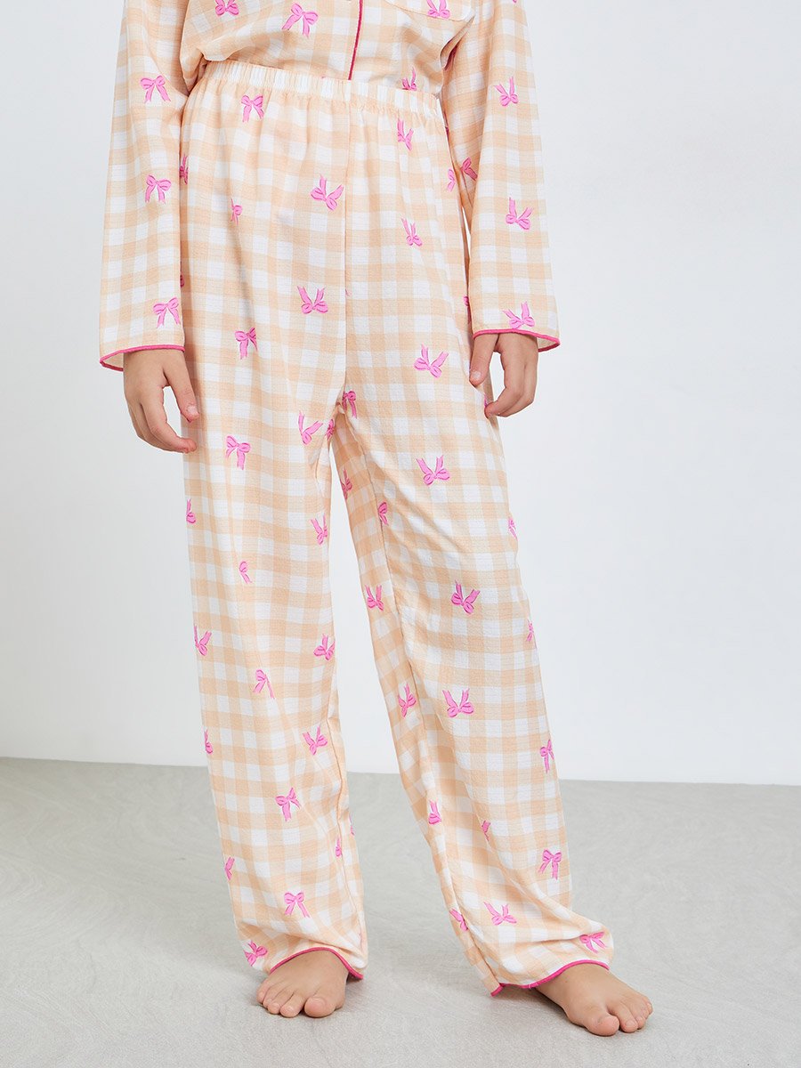 Teen Girls Bow Print Checked Shirt and Pyjama Set