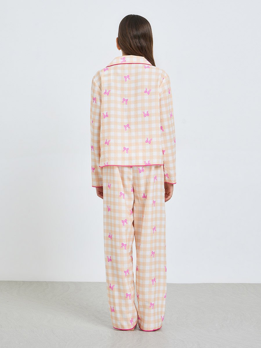 Teen Girls Bow Print Checked Shirt and Pyjama Set