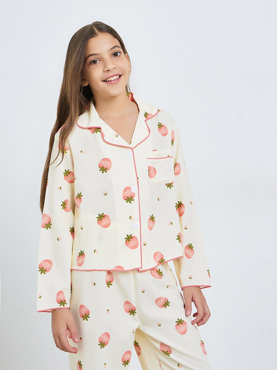 Teen Girls Strawberry Print Shirt and Pyjama Set