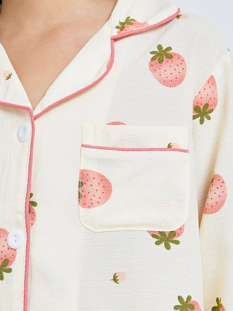 Teen Girls Strawberry Print Shirt and Pyjama Set