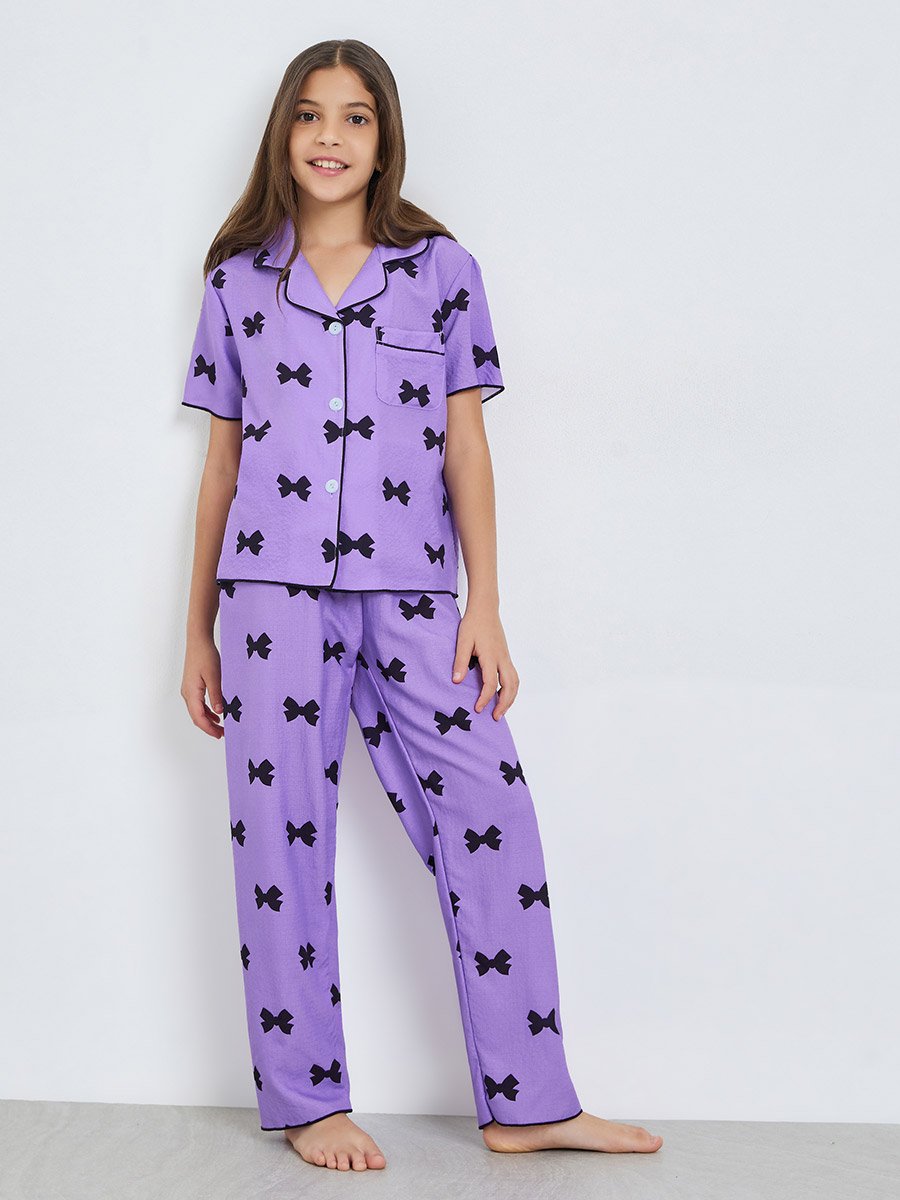 Teen Girls Bow Print Shirt and Pyjama Set