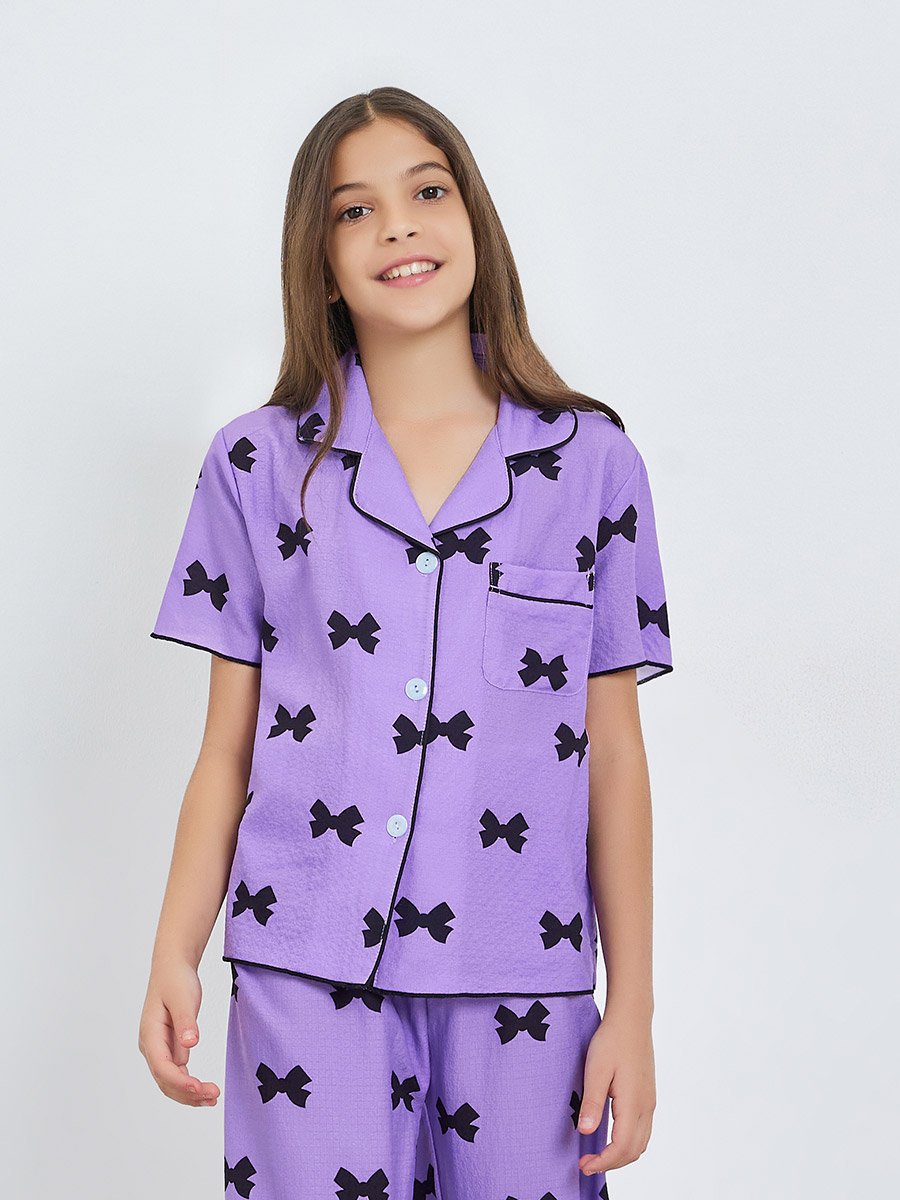 Teen Girls Bow Print Shirt and Pyjama Set