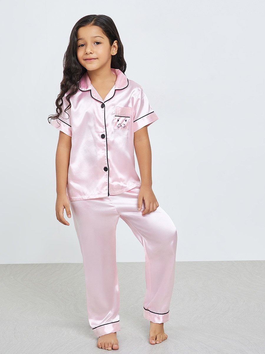 Girls Solid Short Sleeve Shirt and Pyjama Set