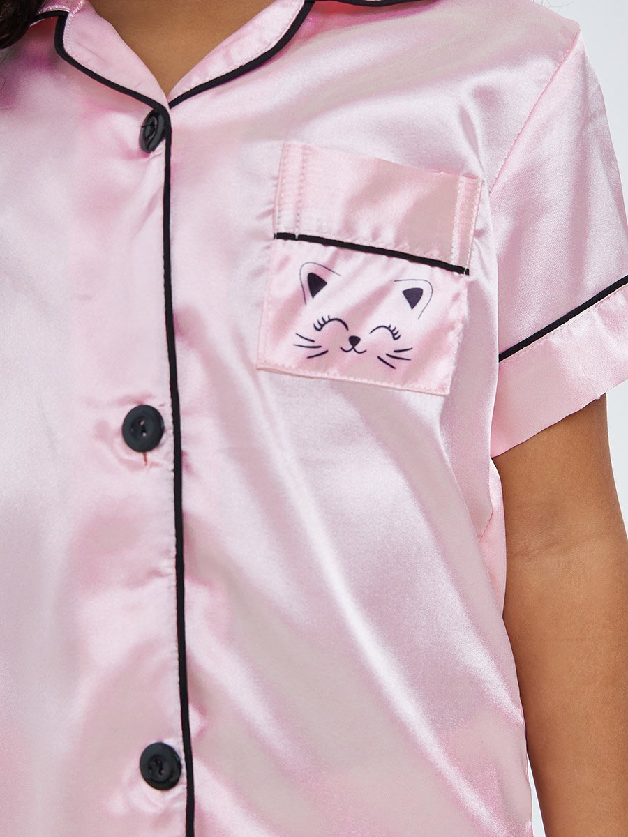 Girls Solid Short Sleeve Shirt and Pyjama Set