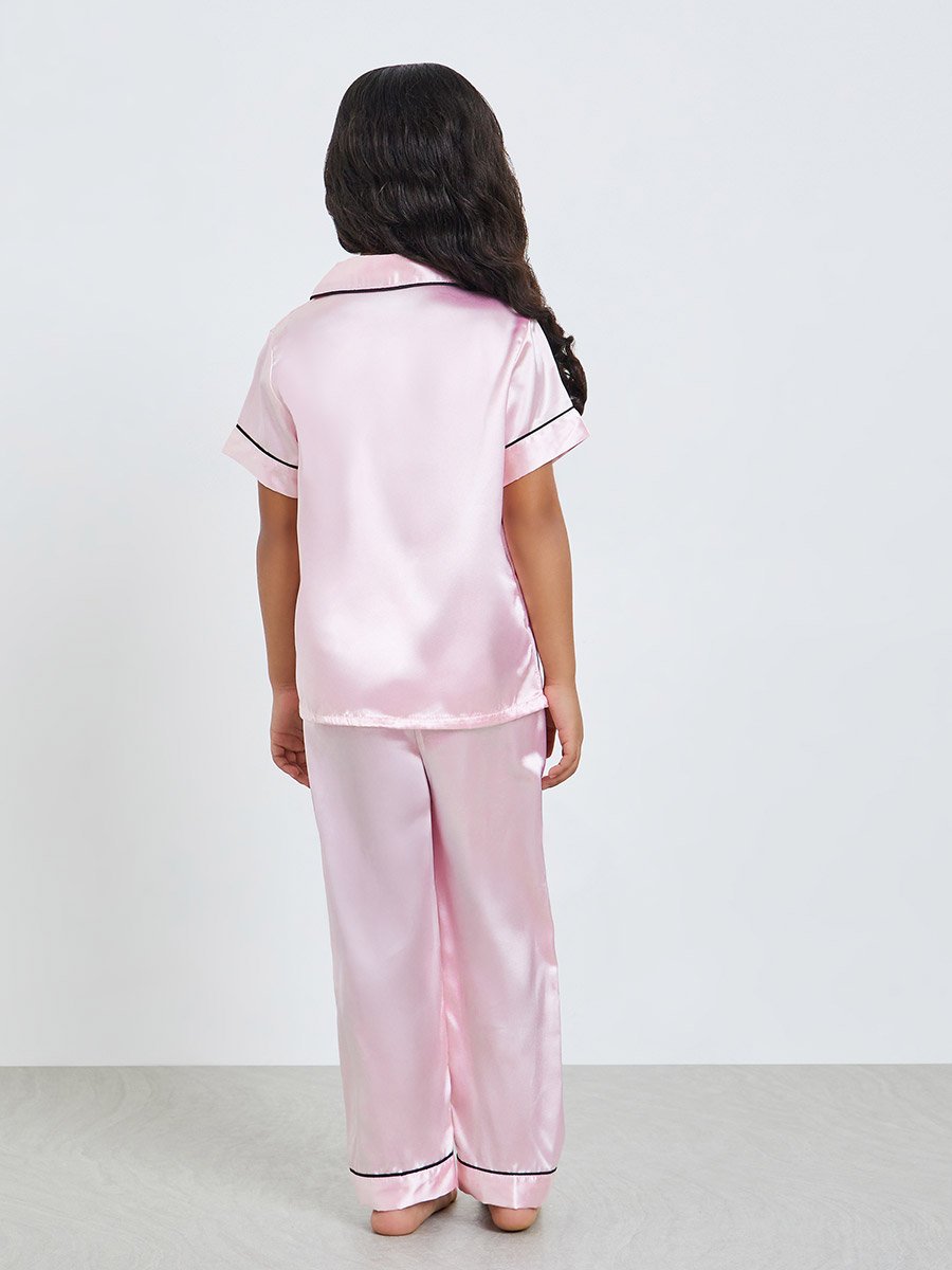Girls Solid Short Sleeve Shirt and Pyjama Set