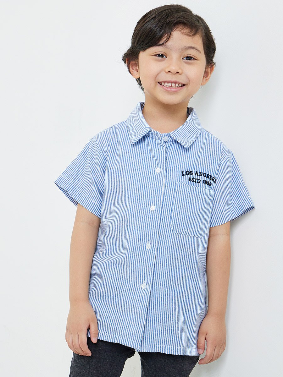 Boys Blue Striped Cotton Shirt with Short Sleeves