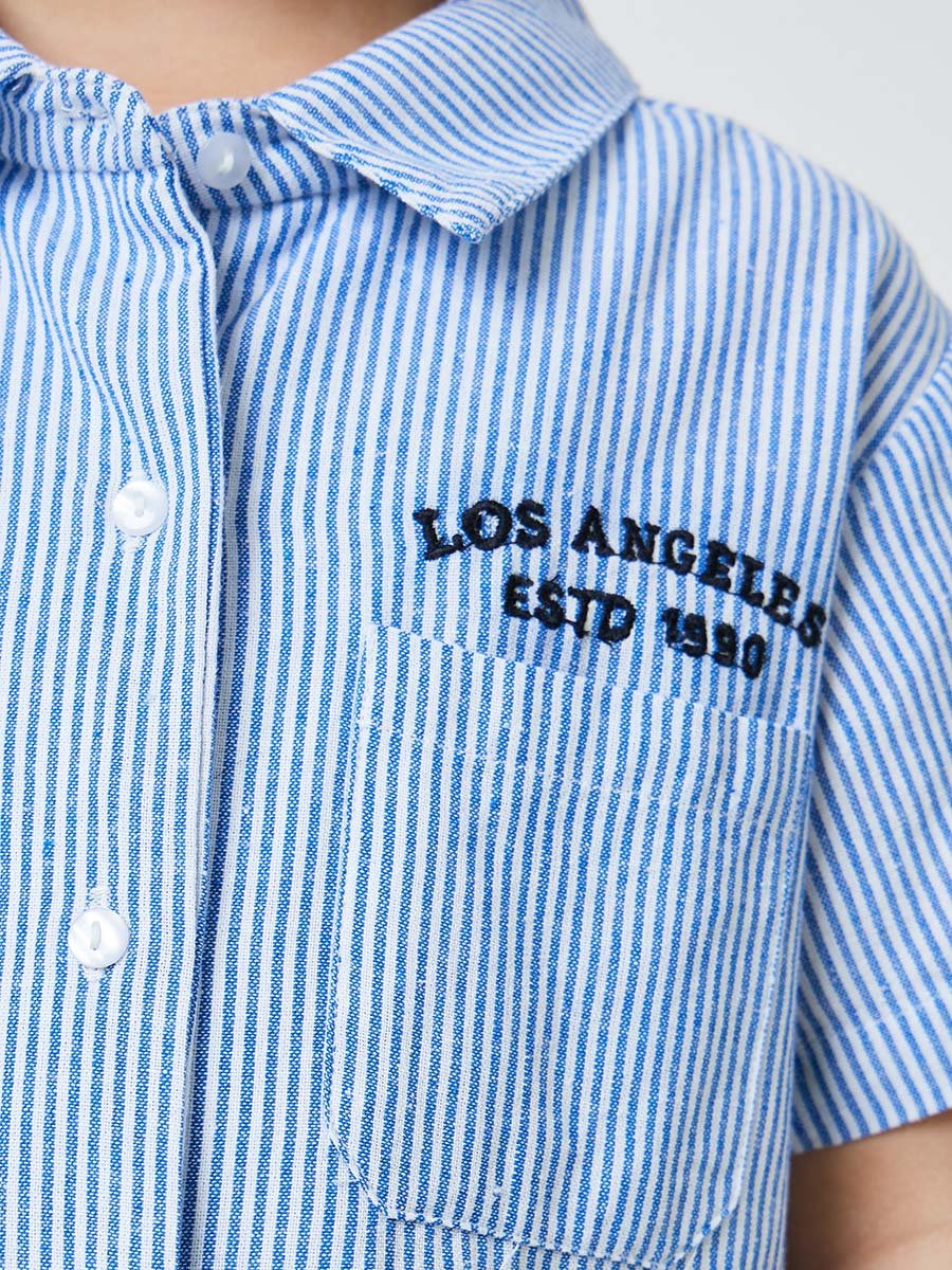 Boys Blue Striped Cotton Shirt with Short Sleeves