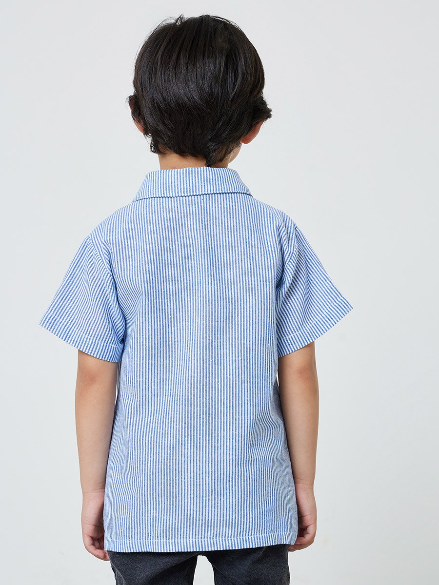 Boys Blue Striped Cotton Shirt with Short Sleeves