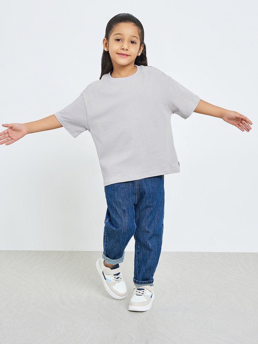 Girls Grey Cotton Graphic Print Oversized T-Shirt